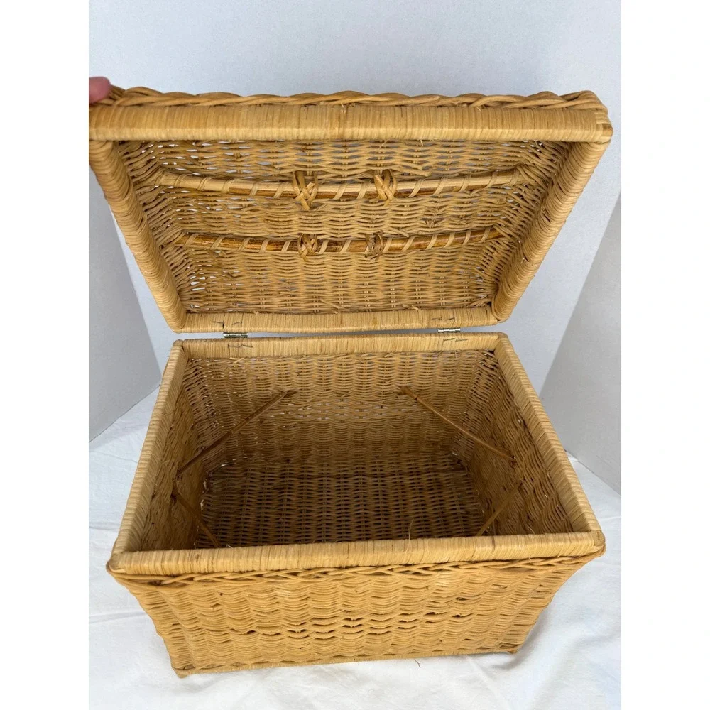 Vintage Cottage Granny Wicker‎ Storage Trunk Basket Hinged Lid & Handles Natural